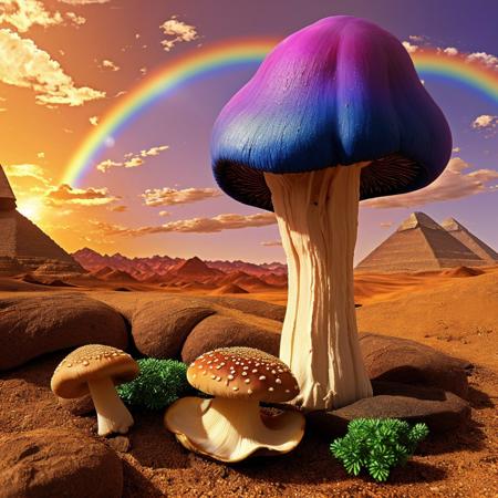 00056-635504215-masterpiece, intricate photo, mushroom with rainbow-colored cap, background enchanted mountainous desert in egypt, fantasy art,.jpg